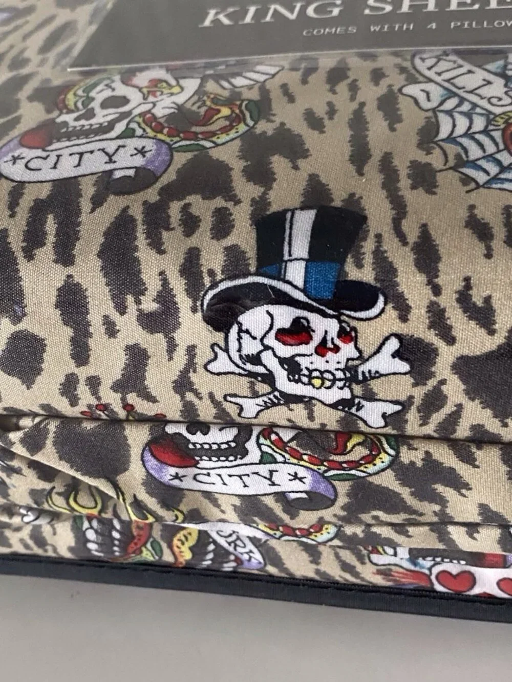 6 PC Ed Hardy KING SIZE‎ Sheet Set Skulls Heart Leopard Animal Print NEW